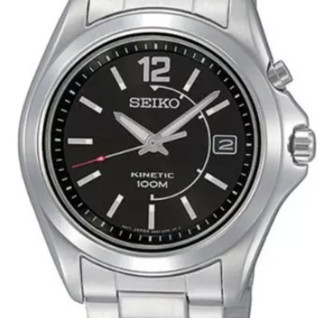 SEIKO 精工 KINETIC系列 SKA477P1 男士石英手表 39mm 黑盘 银色不锈钢表带 圆形