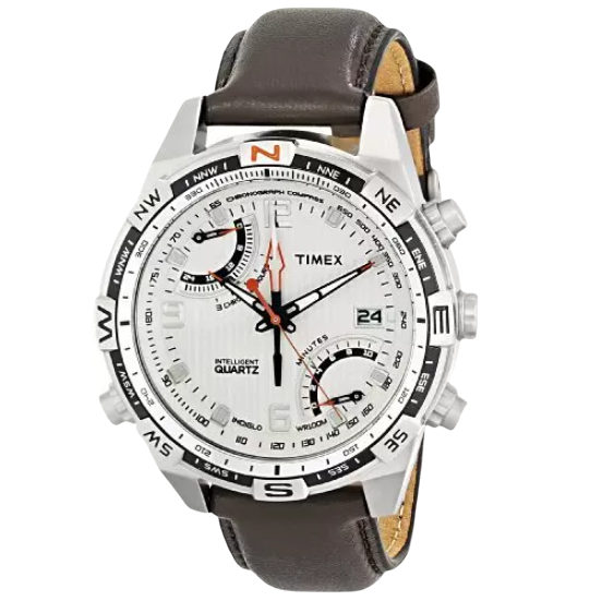 TIMEX 天美时 IQ系列 T49866 男士石英手表 44mm 白盘 棕色皮革表带 圆形