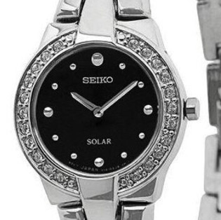 SEIKO 精工 SOLAR系列 SUP205 女士太阳能手表 22mm 黑盘 银色不锈钢带 圆形