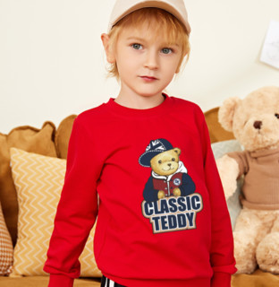 CLASSIC TEDDY 精典泰迪 儿童一体绒卫衣 棒球帽子熊款 大红 80cm