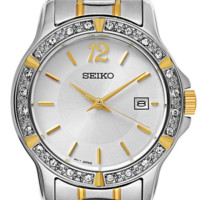 SEIKO 精工 Crystal Dress系列 SUR718 女士石英手表 34mm 银盘 间金不锈钢表带 圆形