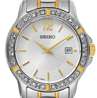 SEIKO 精工 Crystal Dress系列 SUR718 女士石英手表 34mm 银盘 间金不锈钢表带 圆形