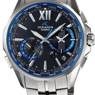 CASIO 卡西欧 OCEANUS系列 OCW-S3400-1A 男士太阳能手表 49mm 黑盘 银色钛金属表带 圆形