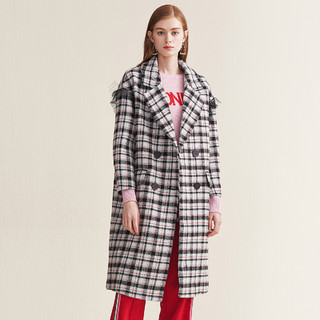 红袖2019冬季新款女装网纱木耳边双排扣格纹呢大衣
