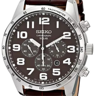 SEIKO 精工 SOLAR系列 SSC227 男士太阳能手表 44.5mm 棕盘 棕色皮革表带 圆形