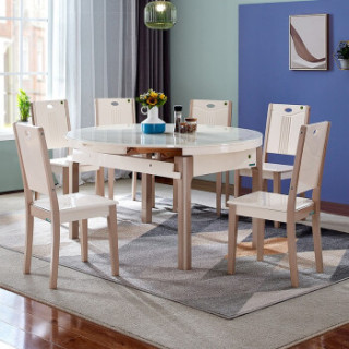 quanu全友70562折叠餐桌椅套装一桌六椅钢化玻璃款