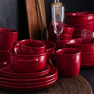 朵颐卡门红色碗盘碗碟套装 陶瓷家用2人红色餐具套装 结婚大红碗