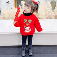 女童卫衣加绒加厚新款童装冬季高领保暖上衣红色新年装套头衫年服