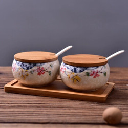 日式陶瓷釉下雪花釉调味罐套装带木质托盘带木盖子调料盐罐装物罐
