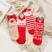 圣诞袜礼盒袜子女中筒卡通秋冬韩版棉袜可爱动物长袜大红色年袜 -(4双袋装)