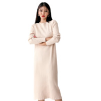 韩版女款宽松气质百搭中长款圆领针织长袖连衣裙 M 米白色