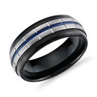 蓝色珐琅节环结婚戒指钨（8.5 毫米）