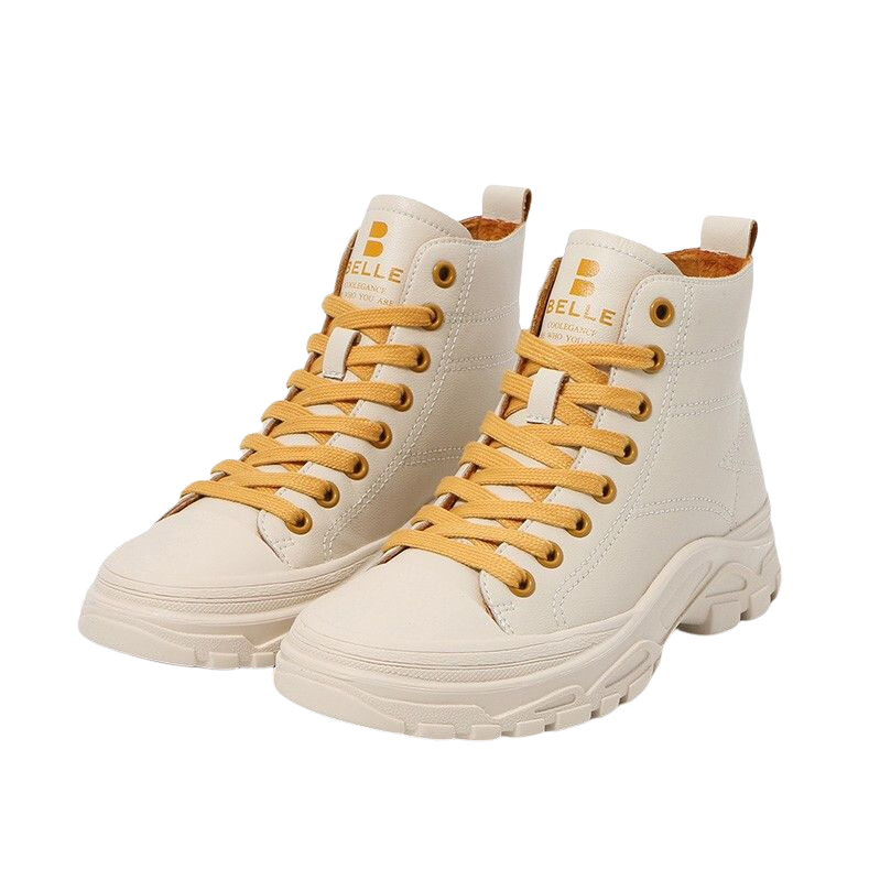 BeLLE 百丽 女士圆头系带厚底短靴U7W1DAD0 米/黄 37