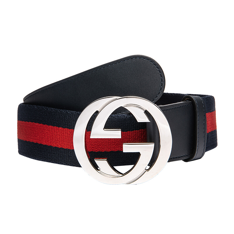 GUCCI 古驰 男士条纹织物拼皮板扣双G腰带411924 H917N