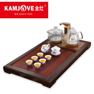 金灶（KAMJOVE) 黑檀木茶盘实木茶台茶海 全自动上水茶具套装家用茶道组合R-190 搭G9电茶壶 青花陶瓷茶具 茶渣桶