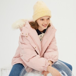 小熊冬季新品连帽大毛领羽绒服女短款韩版潮外套 L 粉色