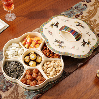 过年零食摆盘奢华欧式干果盘分格带盖客厅家用陶瓷糖果盘茶几摆件