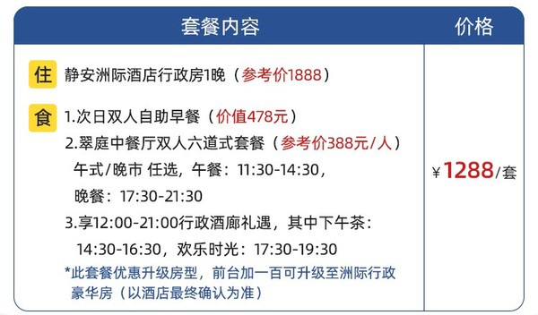 中心地段！上海静安洲际酒店 行政房1晚（含早餐+双人六道式套餐+行政酒廊礼遇）