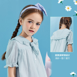 minipeace太平鸟童装女童夏季新品小雏菊海军领格纹复古连衣裙（120cm 、天蓝色（亲肤内衬））