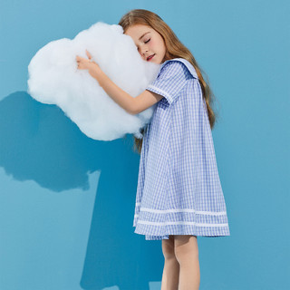minipeace太平鸟童装女童夏季新品小雏菊海军领格纹复古连衣裙（150cm 、天蓝色（亲肤内衬））
