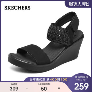 Skechers斯凯奇新款女士一字带露趾凉鞋时尚厚底坡跟鞋33223（38、全黑色/BBK）