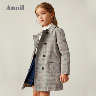 安奈儿童装女童格子风衣中长款2020秋新款洋气英伦风时髦男童外套 EM035362（新浅卡其、160cm ）
