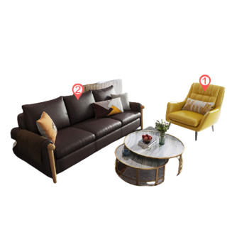 林氏木业 现代皮艺沙发组合 2087三人沙发 深棕色+RAM1Q柠檬黄色单椅
