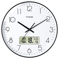 Timess 钟表挂钟客厅时钟14英寸家用时尚万年历表挂墙创意静音简约带日历石英钟P26-1黑边白面