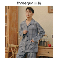 三枪睡衣女秋冬家居服纯棉翻领开襟居家服长袖全棉情侣家居服套装 80517D8(XXL、藏格57(男)D8)