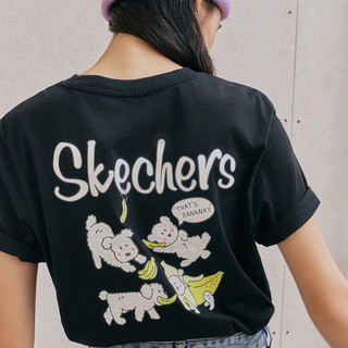 Skechers斯凯奇运动时尚卡通印花T恤女子针织圆领短袖衫L220U085（L、碳黑/0018）