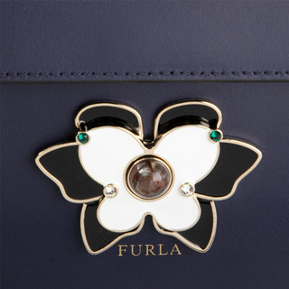 FURLA 芙拉 MUGHETTO系列女士牛皮花朵装饰撞色翻盖斜挎单肩风琴包1033598 深蓝色+白色 中号