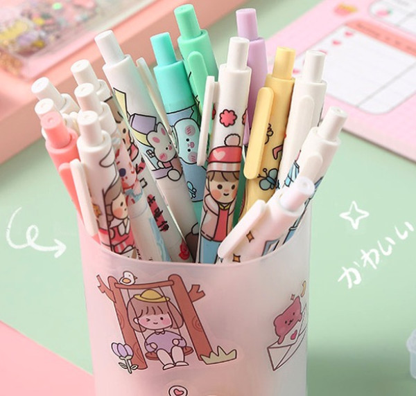 欧伦马卡龙按动中性笔5支10支笔芯透明收纳盒送贴纸