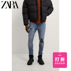 ZARA男装补丁破洞装饰修身小脚牛仔裤03175300427