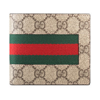 GUCCI 古驰 Signature Web系列 男士真皮GG印花拼接蓝红织带双折短款钱包