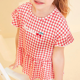 Disney 迪士尼 女童网格打底衫 DB021BE28 红白格 130cm