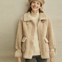 极简冬季时尚宽松100%羊毛颗粒绒纯色翻领配袖袢皮草女 XL 浅驼
