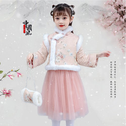 汉服女童冬装加厚加绒古装中国风唐装拜年服套装新年装女宝宝过年