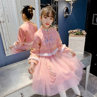 女童网纱民族风公主裙春季新款洋气汉服中大童中国风唐装套装 160 粉色