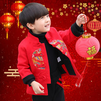 唐装男童套装中国风洋气夹棉加厚拜年服新款儿童呢子汉服少爷服 110 红色