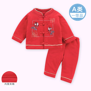 【唐装系列】婴儿喜庆拜年服宝宝中国结夹棉套装春节棉服 80 红