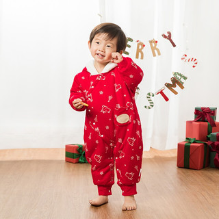 乖奇熊 冬季宝宝加绒保暖新年连体棉衣拜年服  圣诞红 送口水巾