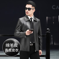 罗蒙首发纯色简约绵羊皮翻领商务男式真皮皮衣 XXXXL 黑色