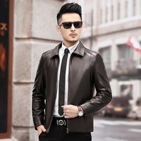 【绵羊皮】罗蒙纯色翻领商务通勤外套防风保暖男士真皮皮衣 4XL 深咖啡