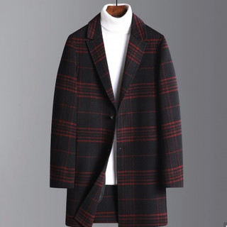 罗蒙新品首发时尚格纹中长款风衣外套修身男式毛呢大衣 L 红色