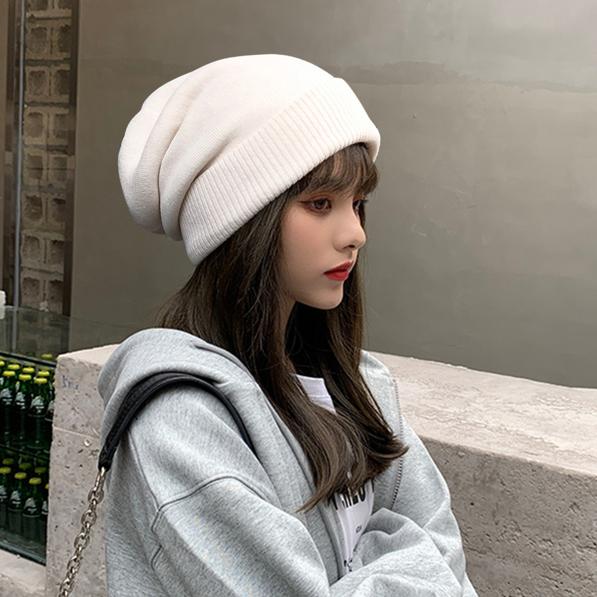 帽子女秋冬时尚双层加厚保暖针织帽女款帽子毛线帽包头帽堆堆帽