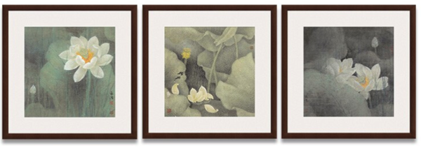 艺术品：简约 新中式古画 组合荷花系列 国画三联挂画 茶褐色 67×67cm/幅