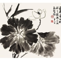 现代中式卧室客厅玄关壁画国画荷花陈半丁木版水印