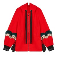 米可芭纳韩版宽松拉链短外套女设计感蝙蝠袖连帽上衣秋季新款 L 红