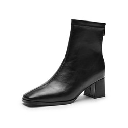 hotwind 热风 2020冬季新款女短筒靴时尚简约休闲粗跟皮靴气质方头高跟女靴