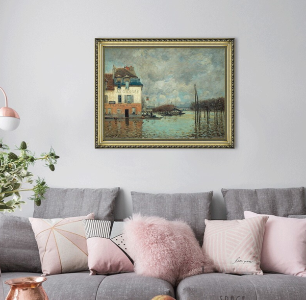 风景油画《马利港的洪水》西斯莱 装饰画 爵士黑 56×71cm